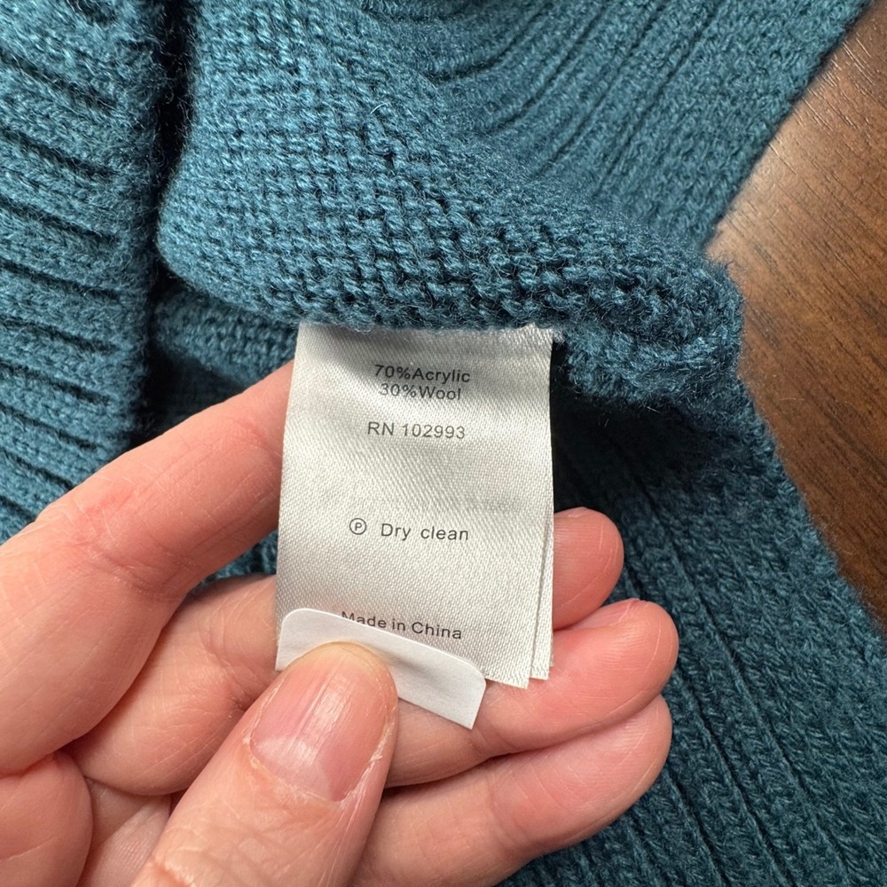 Jason Wu Mock Neck Sweater Teal Ribbed Wool Blend M Cabincore Chunky Chic Cozy - Picture 13 of 13
